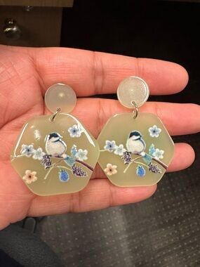 Green Bird Floral Drop Earrings